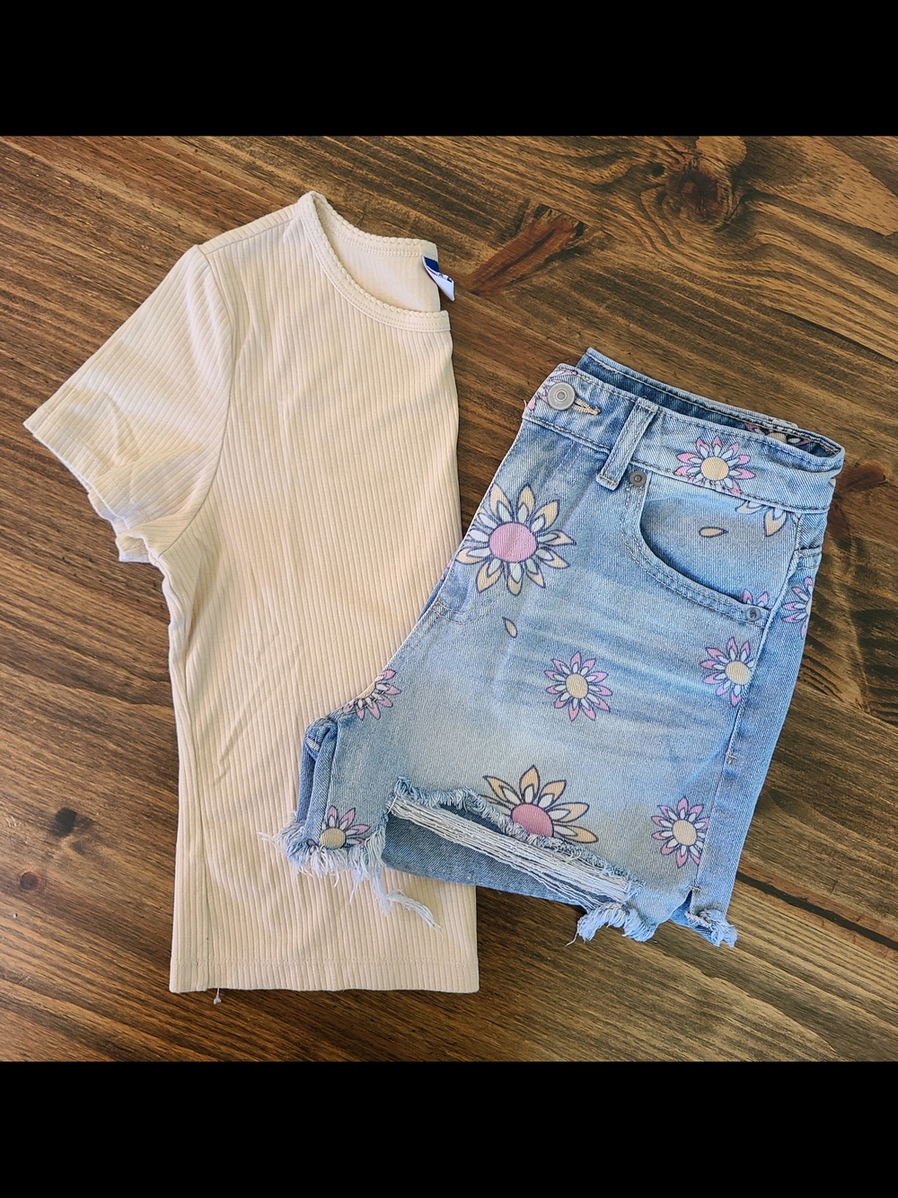 No Boundaries Light Wash Denim Shorts with Floral Embroidery And Beige Baby Tee